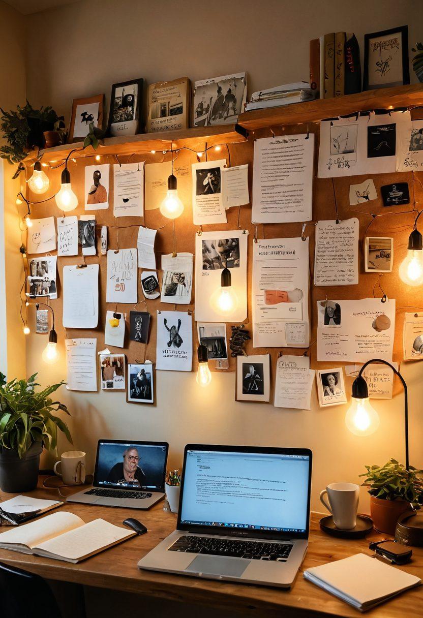 A cozy, inviting workspace filled with notebooks, pens, and a laptop, surrounded by diverse individuals engaged in animated discussions. They represent various American cultures, showcasing the richness of the blogging community. Soft lighting creates a warm atmosphere, with a bulletin board filled with blog ideas and inspiration visible in the background. Include elements symbolizing connection, like interconnected lightbulbs or speech bubbles. super-realistic. warm colors. inviting atmosphere.