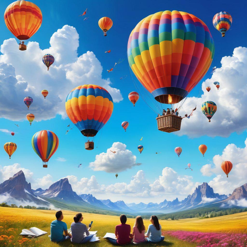 A whimsical hot air balloon filled with colorful, giant ideas floating above a scenic landscape of creativity, with clouds shaped like light bulbs and pens. Below, a group of diverse people looks up in awe, jotting down notes in vibrant notebooks. The background features a bright blue sky with fluffy white clouds. bright colors, super-realistic, vibrant atmosphere.