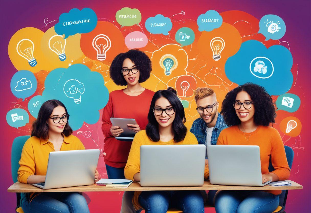 A colorful collage of diverse bloggers enthusiastically typing on laptops, surrounded by thought bubbles filled with creative ideas like light bulbs, charts, and doodles. The background features elements representing the online world such as social media icons and digital devices. The overall mood is energetic and inspiring, promoting creativity and engagement. vibrant colors. modern illustration. digital art.